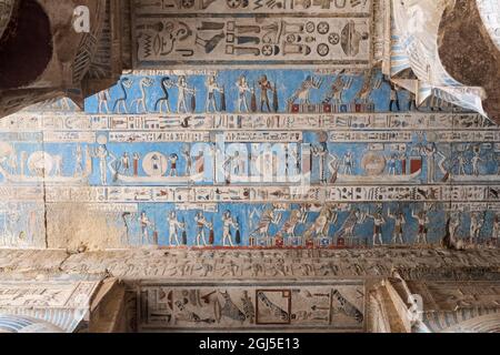 Hieroglyphics carved into the ceiling at the Temple of Dendera. Esna, Egypt. Stock Photo