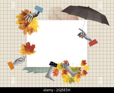 Minimalism, contemporary art collage. Inspiration, idea, trendy urban magazine style. Autumn mood, beauty and nature concept. Greeting card design Stock Photo