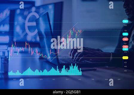 businessman typing on laptop with graphs on screen working on finance and analysis information Stock Photo