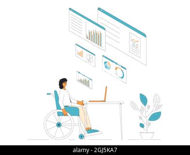Data scientist. Business analyst concept. Woman in wheelchair working with schemes and diagrams. Female financial researchers. Vector color line art i Stock Vector