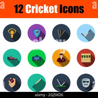 Cricket Icon Set. Flat Design With Long Shadow. Vector illustration. Stock Vector