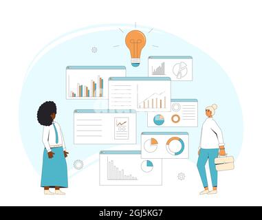 Business analysis concept. Managers with schemes and diagrams. Financial researchers. Vector color line art illustration. Stock Vector