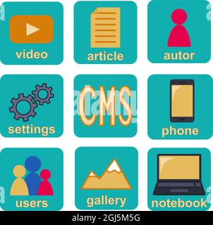 Colorful cartoon cms app infographic button elements. Simple content management system icons. Vector illustration for icons, site background, banner, Stock Vector