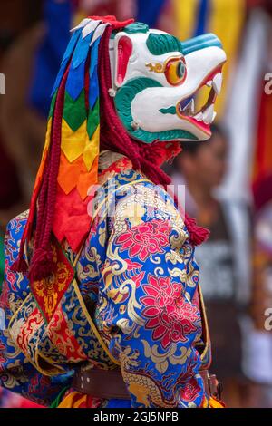 Bhutan, Punakha Dzong. Punakha Drubchen Festival, masked dancers. Stock Photo