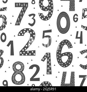 Seamless pattern with doodle hand drawn numbers in Scandinavian Style. Vector background with colorful pastel numbers on white, kids nursery backdrop Stock Vector