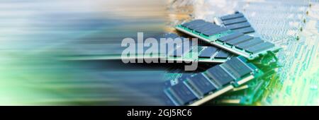 Several pieces of strips of memory modules. Ddr and sdram storage. Computer texture technology. RAM on digital background of motherboard. Selective so Stock Photo