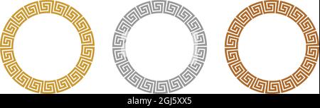 Maze ring with meander look in Gold, Silver, Bronze on isolated white background. Stock Vector