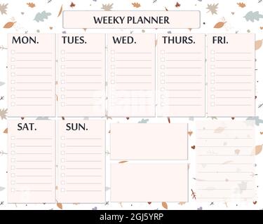 Weekly planner template design for autumn season. Cute page for everyday plans and notes with doodle autumn leaves Stock Vector