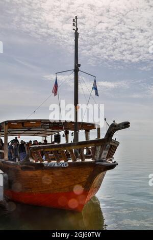 Israel, Sea of Galilee. Replica of a fishing boat in the time of Jesus. Stock Photo