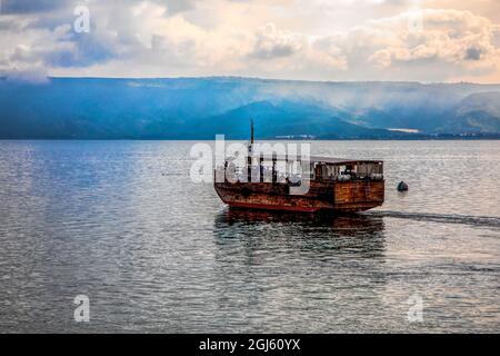 Israel, Sea of Galilee. Replica of a fishing boat in the time of Jesus. Stock Photo