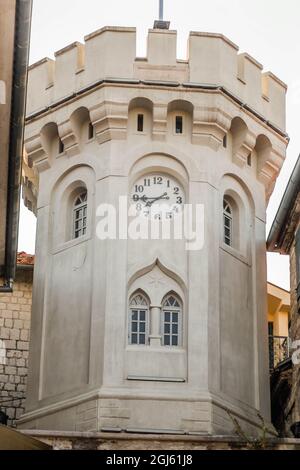 Herceg Novi, Montenegro - August 23, 2021: Old town gate with the small clocktower Stock Photo