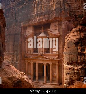 Jordan, Petra. The Treasury at Petra Archeology Park. The Treasury was carved out of the sandstone wall. Stock Photo