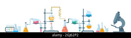 Chemistry equipment. Vector flat illustration. Chemical laboratory instruments and tools. Glass tubes, bottles and flasks with liquid reagents and rea Stock Vector