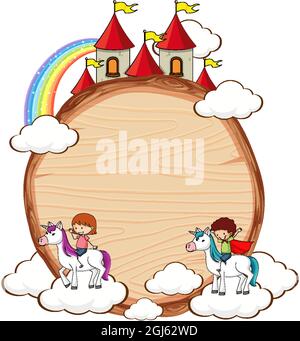 Blank wooden banner with fairy tale cartoon character and elements isolated illustration Stock Vector
