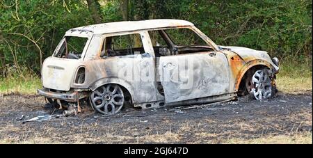 Stolen torched and burnt out three door hatchback BMW Mini car wrecked & dumped in remote rural farming location on scorched earth in Essex England UK Stock Photo