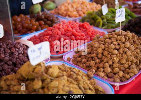 Local flea market, dried fruits and nuts for sale in Sapa, Vietnam. Stock Photo