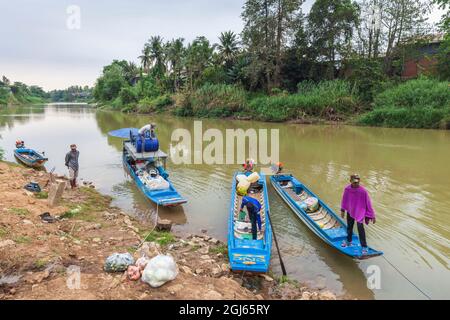 Cambodia, Battambang. Riverboats on the Sangker River. Stock Photo