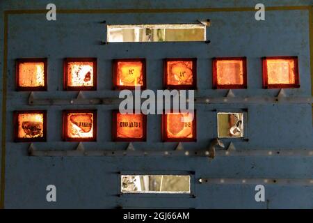 Ukraine, Pripyat, Chernobyl. Abandoned, ruined, computer machinery and wires. Control panel. Stock Photo