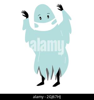 Child in halloween ghost costume and wear protective face mask. Coronavirus protection illustration for halloween. Vector illustration in cartoon styl Stock Vector