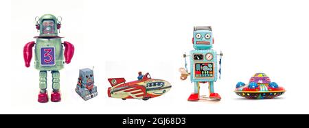 retro isolated toys robot rocket and UFO Stock Photo