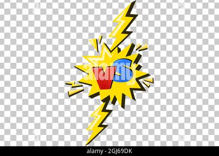Lightning with versus sign. Comic challenge symbol with yellow flash and vs letters. Vector illustration isolated in transparent background Stock Vector