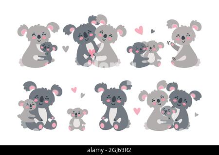 Koala family set. Hugging and loving koala parents with babies. Vector illustration isolated in white background Stock Vector