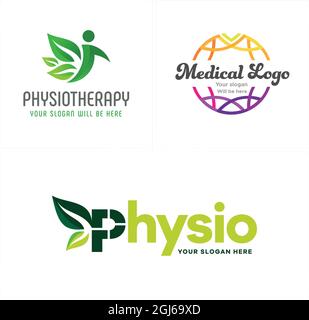 Physiotherapy people leaf nature medical global logo design Stock Vector