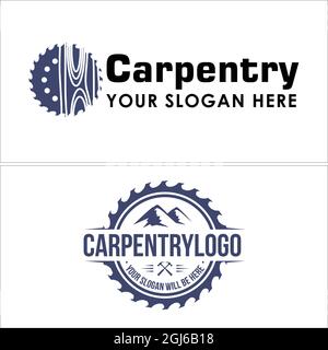 Carpentry woodwork circular saw mountain logo design Stock Vector