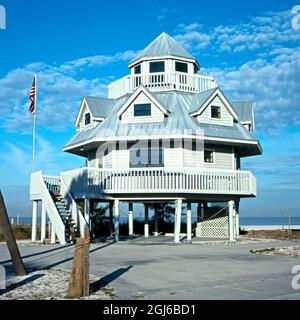 View of a tall Beach House with the sea to the rear, St. Petersburg, Florida, USA. Stock Photo