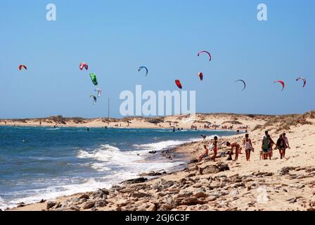 Tourists relaxing on the beach with kitesurfers to the rear, Cabo Trafalgar, Cadiz Province, Andalusia, Spain. Stock Photo