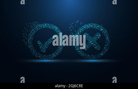 Abstract futuristic image of cross and check mark icon in the form of a starry sky space. consisting of points, light, lines, and shapes in the form o Stock Vector
