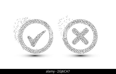cross and check mark icon. consisting of points, lines, and shapes in the form of design. Low poly vector on white background. Stock Vector