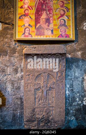 Armenia, Sevan. Sevanavank Monastery interior, Khachkar memorial stone.