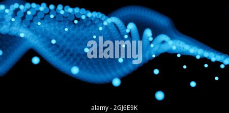 Abstract background with glowing blue dots or particles, visualization of conceptual or scientific wave design against black background Stock Photo