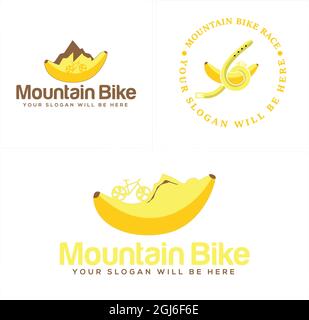 Sport bike and mountain adventure banana fruit logo design Stock Vector