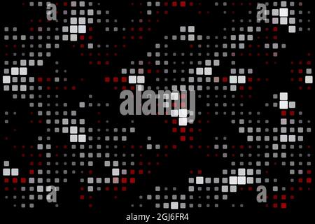 Illustration with mosaic style design on black background. Square shapes with white and red colors. Stock Vector