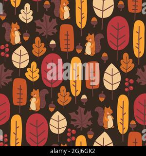 Autumn nature seamless vector pattern cute autumn forest, squirrel, leaves, trees, nuts, acorns. Thanksgiving fall background for wallpaper, packaging Stock Vector