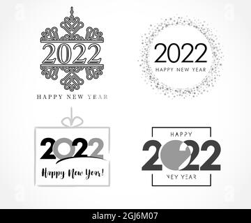 Big Set of New Year 2022 with snow, glitter, gift, square and text design logo. Luxury numbers, black lettering graphic template for calendar, banner Stock Vector