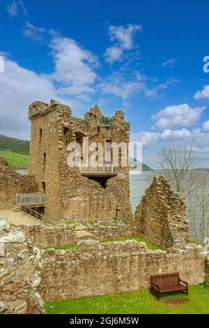 Grant tower of the Urquhart Castle by the Loch Ness lake in Scotland, United Kingdom. Close to Drumnadrochit and Inverness. vertical shot Stock Photo