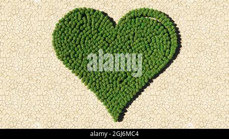Concept or conceptual group of green forest tree on dry ground background as sign of heart. A 3d illustration metaphor for love, romance Stock Photo