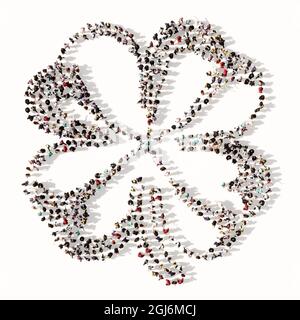 Concept or conceptual large gathering of people forming an image of a four-leafed clover.  A 3d illustration metaphor for good luck, faith, hope, love Stock Photo