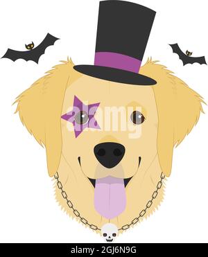 Halloween greeting card. Golden Retriever dog with top hat, chain necklace and a skull, and an eye tattoo Stock Vector