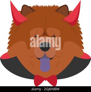 Halloween greeting card. Chow Chow dog dressed as a devil with red horns and cape Stock Vector