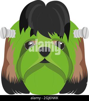 Halloween greeting card. Shitzu dog colored in green and dressed as a monster with screws in the head Stock Vector