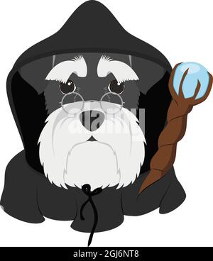 Halloween greeting card. Schnauzer dog dressed as a wizard with black hood and magic wand Stock Vector