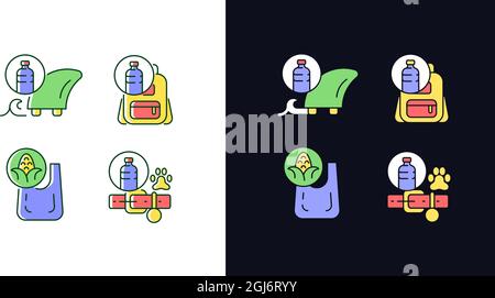 Products from recycled plastics light and dark theme RGB color icons set Stock Vector