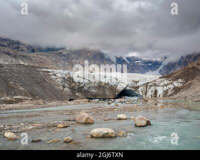 Glacier snout of glacier Pasterze at Mount Grossglockner, which is melting extremely fast due to global warming. Europe, Austria, Carinthia Stock Photo