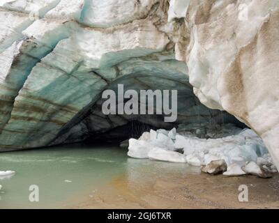 Glacier snout of glacier Pasterze at Mount Grossglockner, which is melting extremely fast due to global warming. Europe, Austria, Carinthia Stock Photo