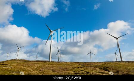 Europe, Faroe Islands. View of wind turbines on the island of Streymoy Stock Photo