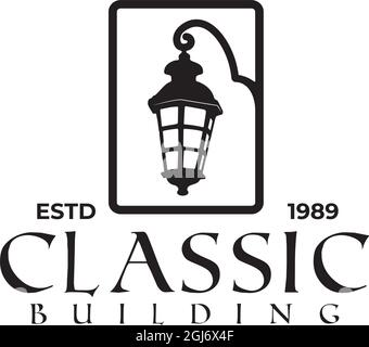 Black classic lamp old building vector logo design Stock Vector